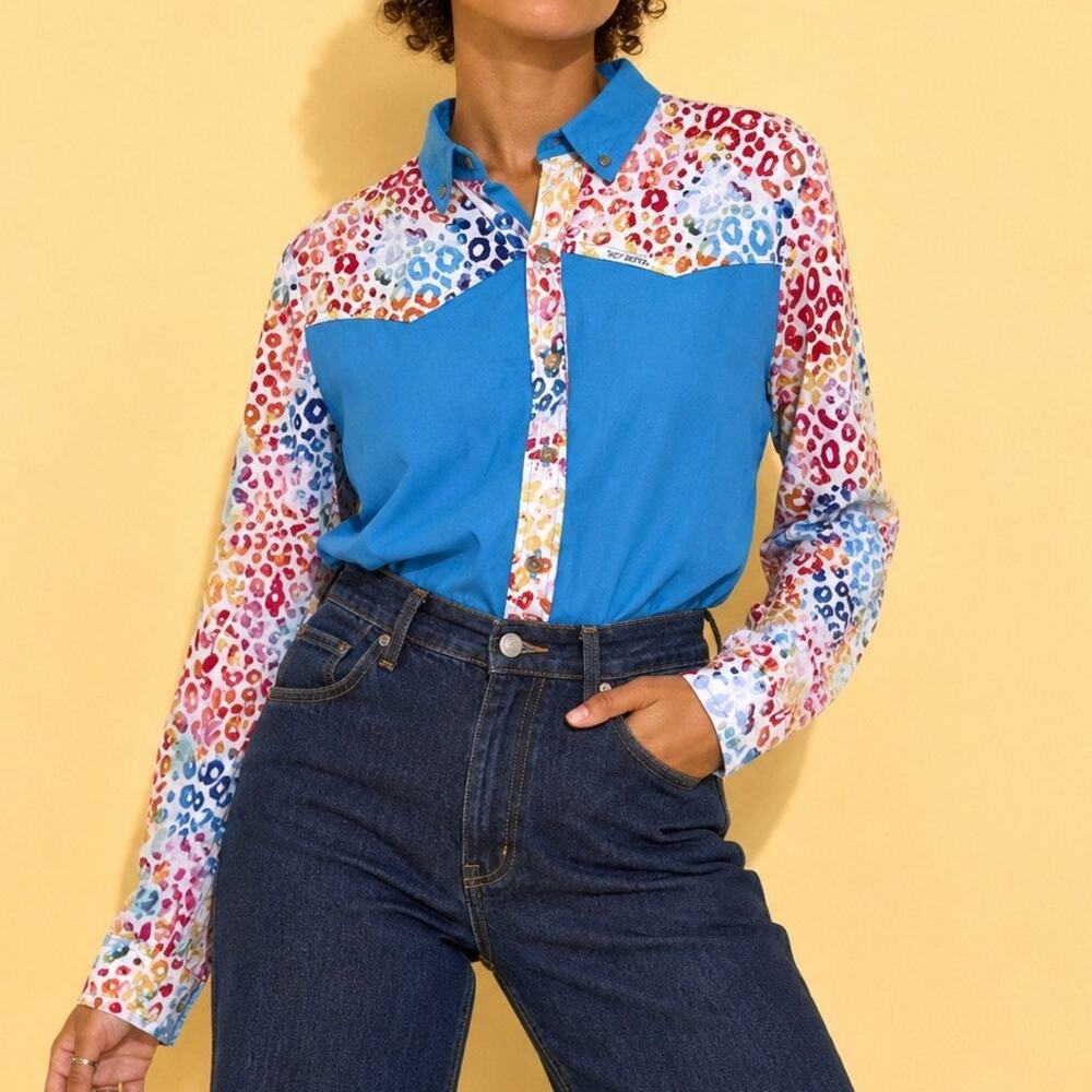 Vintage Mo Betta Western Shirt 10/12 Turquoise Leopard Rodeo Cowgirl Handmade